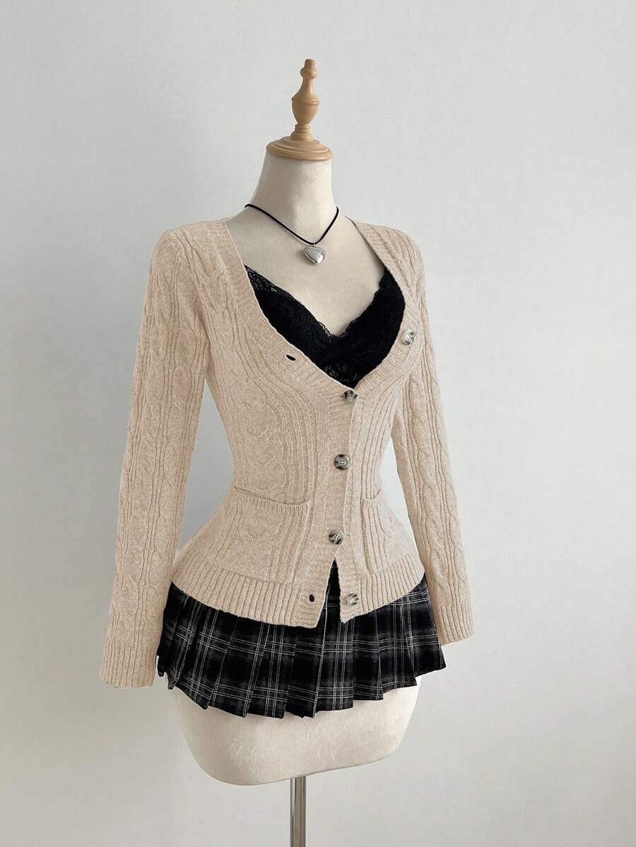 Elamini Áo khoác cardigan dáng ôm màu trơn thời trang dành cho nữ - Màu Khaki - Xem 1