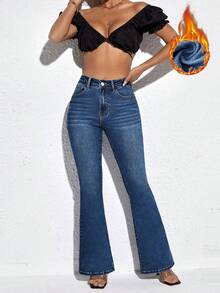 SHEIN PETITE 女式高腰口袋喇叭裤保暖内衬休闲牛仔裤 - 深色水洗藍 - 查看 3