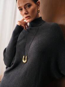 MOTF PREMIUM CONJUNTO DE 2 PIEZAS TEJIDO ELEGANTE: SUÉTER TEJIDO DE CUELLO ALTO ASIMÉTRICO Y PANTALONES TEJIDOS ACAMPANADOS, OTOÑO/INVIERNO - Gris Oscuro - Ver 8