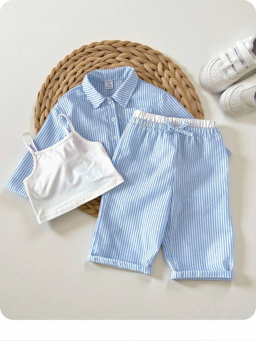 3 件套女婴条纹衬衫、松紧腰裤和吊带背心，春夏 - 藍色 - 查看 1