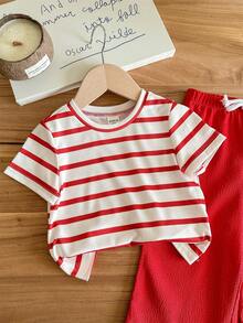 Babygirl Cute Knitted Pink Striped Short Sleeve Top And Elastic Waist Pants Set