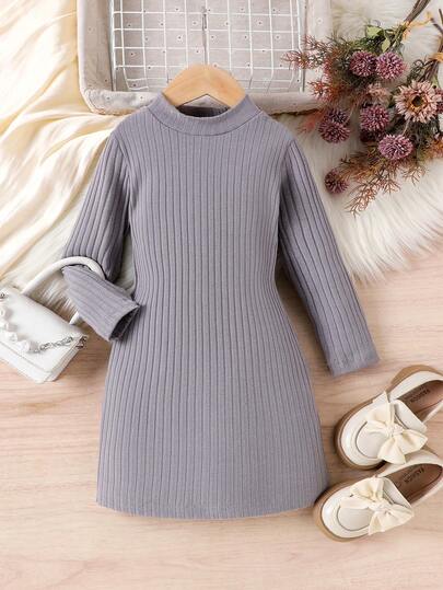 Tween Girls Casual Minimalist Style Solid Color Long Sleeve Round Neck Autumn/Winter Grey Dress
