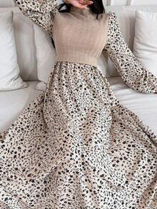 Serisse Kids 青少年女孩休闲优雅针织罗纹花卉拼布灯笼袖连衣裙，适合日常外出、旅行和度假 - 卡其色 - 查看 8