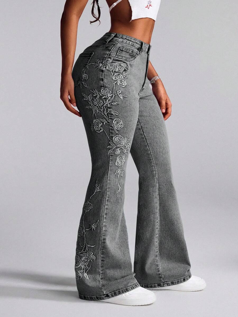 Slaydiva Plus Size Women's Fashion Embroidered Flare Jeans - Grey - View 1