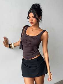 Aloruh Women's Elegant Sexy Solid Brown Round Neck Pleated Wide Strap Backless Tight Fitting Camisole, Autumn/Winter - Brown - View 3