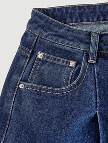 Sweetra 时尚休闲纽扣门襟大口袋水洗牛仔筒裤 - 深色水洗藍 - 查看 4