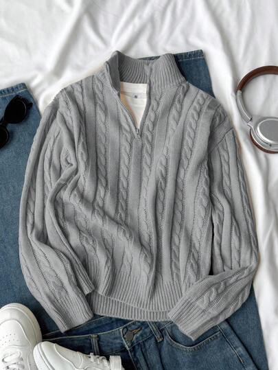 SHEIN Tween Boy 1 Piece Vintage Cable Knit Sweater - Half-Zip High Neck Pullover, Adjustable Zipper Collar, Regular Fit Wool Blend Sweater For School Daily Wear, Father-Son Matching, Birthday & New Year Gift Idea Kids Cardigan Sweater Grey Sweater 8 Years Old Boy Knitwear