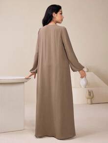 Veilorie Women's Solid Color Round Neck Lantern Sleeve Button Design Loose Arabic Dress - Brown - View 2