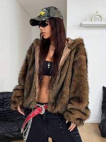 Coolane Women's & Men's Winter Streetwear Party Chic Hippie Casual Vintage Y2K Grunge Cave Fur Zip Up Warm/ Cold Weather/ Thermal Brown Oversized Hooded Fluffy Coat