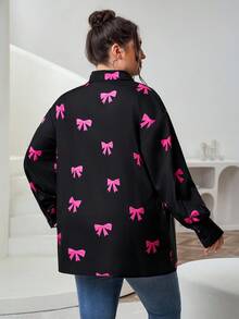 SHEIN CURVE+ CURVE 大码女式蝴蝶结印花长袖休闲单排扣衬衫 - 彩色 - 查看 2