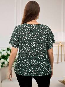 Reflora 大码优雅圆领双层袖全印花宽松衬衫，适合夏季 - 綠色 - 查看 2