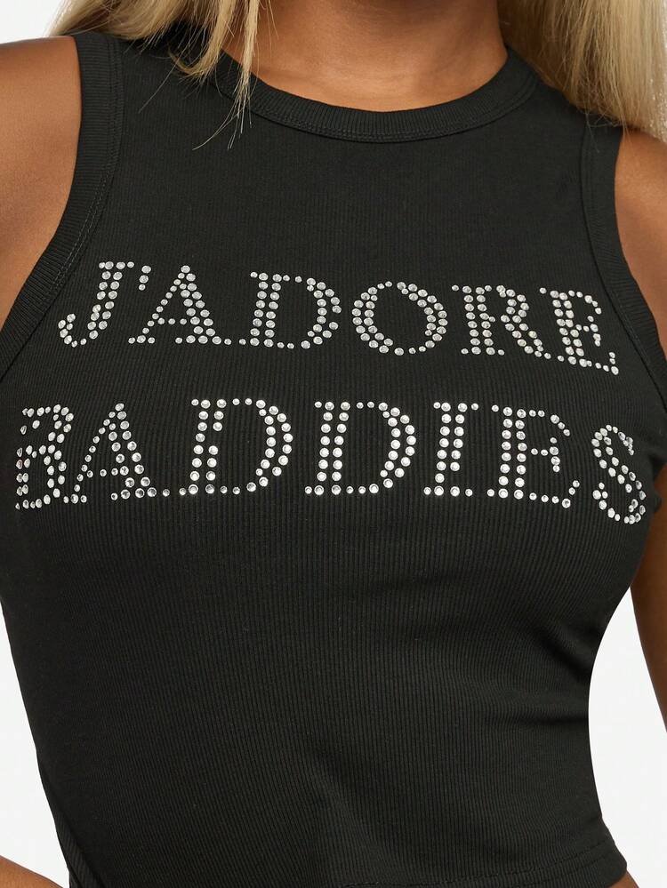 Rhinestone Text Tank Top With Crystal Detail