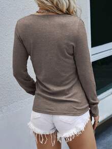 EMERY ROSE 女式纯色半拉链插肩休闲长袖 T 恤 - 駝色 - 查看 2