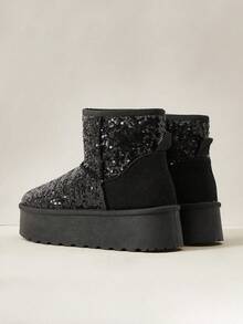 Cuccoo Women's Glitter Thick Thermal Lined Snow Boots, Black, Fashion Versatile Thick Sole Outdoor Warm Non-Slip Short Ankle Boots