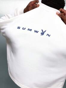 PLAYBOY X SUMWON 短款运动衫，胸前印有兔子标志，长袖套头衫，街头风秋冬休闲上衣 - 白色 - 查看 2