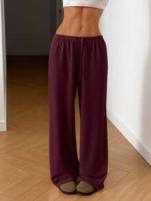 SHEIN EZwear Plus Size Casual Solid Color Loose Pants, Autumn Burgundy - Burgundy - View 3