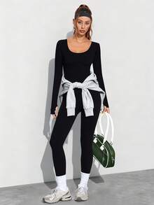 Dewbera 1 buah Jumpsuit/Romper Tanpa Jahitan Warna Hitam Dasar dengan Desain Bergaris, Menyerap Keringat, Cocok untuk Olahraga, Kebugaran, dan Yoga - Hitam - View 6