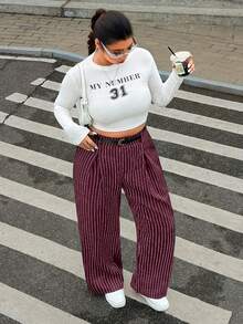 SHEIN EZwear Plus Size Solid Color Button Closure Casual Wide Leg Pants With Belt In Fall/Winter - Burgundy - View 6
