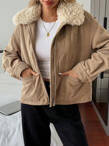 DAZY 复古美式休闲仿毛领短款棉服外套，冬季 - 卡其色 - 查看 4