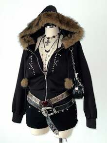 Sunspun 大码连帽流苏串珠长袖夹克 - 黑色 - 查看 4