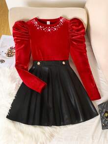 SHEIN 2pcs/Set Teen Girl's Elegant Christmas Outfit: Beaded Puff Sleeve T-Shirt & Black PU Button Decor Flared A-Line Skirt,Autumn,Casual,Party - Red - View 3