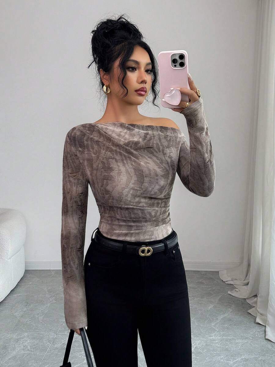 Elenzga Casual Autumn Tie Dye Textured Oblique Shoulder Ruched Long Sleeve Elegant T-Shirt - Brown - View 1