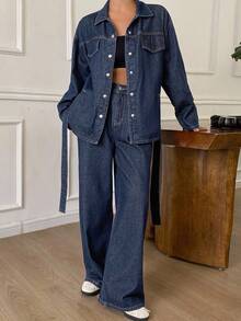 DAZY Autumn/Winter New Loose Casual Distressed Wash Waist Cinched Women Denim Suit - Dark Wash - View 3