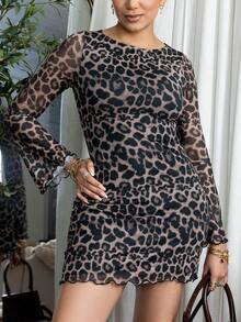 Melissa Matos Women's Leopard Mesh Bell Sleeve Mini Dress,Summer Dresses For Women - Brown - View 5