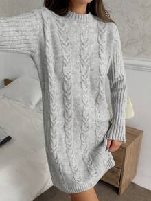 CasuGlow Women Solid Color Cable Knit Pattern Rib Knit Round Neck Drop Shoulder Mini Sweater Dress Cable Knit Sweater Dress With Long Sleeves And Ribbed Hem For Cozy Winter Casual Looks - Light Grey - View 4