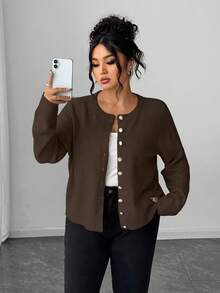 Elenzga Plus Size Casual Solid Color Gold Button Long Sleeve Cardigan - Brown - View 4