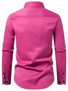 Manfinity Mode Men Color Block Front Button Long Sleeve Pocket Casual Shirt, Pink Men Shirt, Pink And Black Shirt Men, For Fall - Hot Pink - View 2
