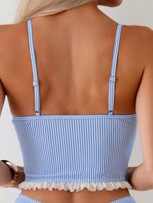 Swim Basics 女式条纹蕾丝边下摆吊带背心和比基尼泳装套装 - 藍白色 - 查看 6