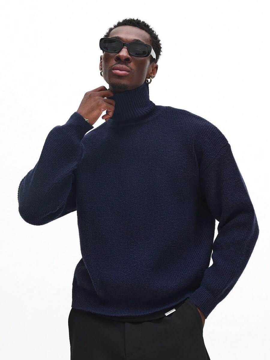 Suéter de cuello alto tejido de ajuste relajado de SUMWON para invierno y otoño, cómodo y casual - Azul - Ver 1