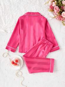 2件套少女简约香槟色条纹长袖开衫和裤子家居服套装 - 玫紅色 - 查看 2