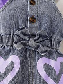 SHEIN Bộ áo liền quần denim xếp nếp cổ tròn tay dài màu trơn in hình trái tim cho bé gái - Màu tím - Xem 4