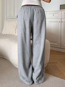 DAZY 女士格子拼接抽绳腰宽松保暖休闲裤，冬季款 - 灰色 - 查看 2