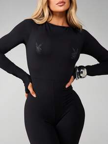 Missguided x Playboy Tuta con maniche lunghe, allacciatura, decorata con strass, per feste, club, eventi serali, senza schiena, aderente, elegante, lunghezza intera