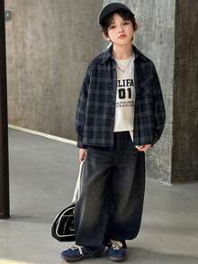 DAZY 青少年男孩休闲格子长袖衬衫，秋季 - 藏蓝色 - 查看 4