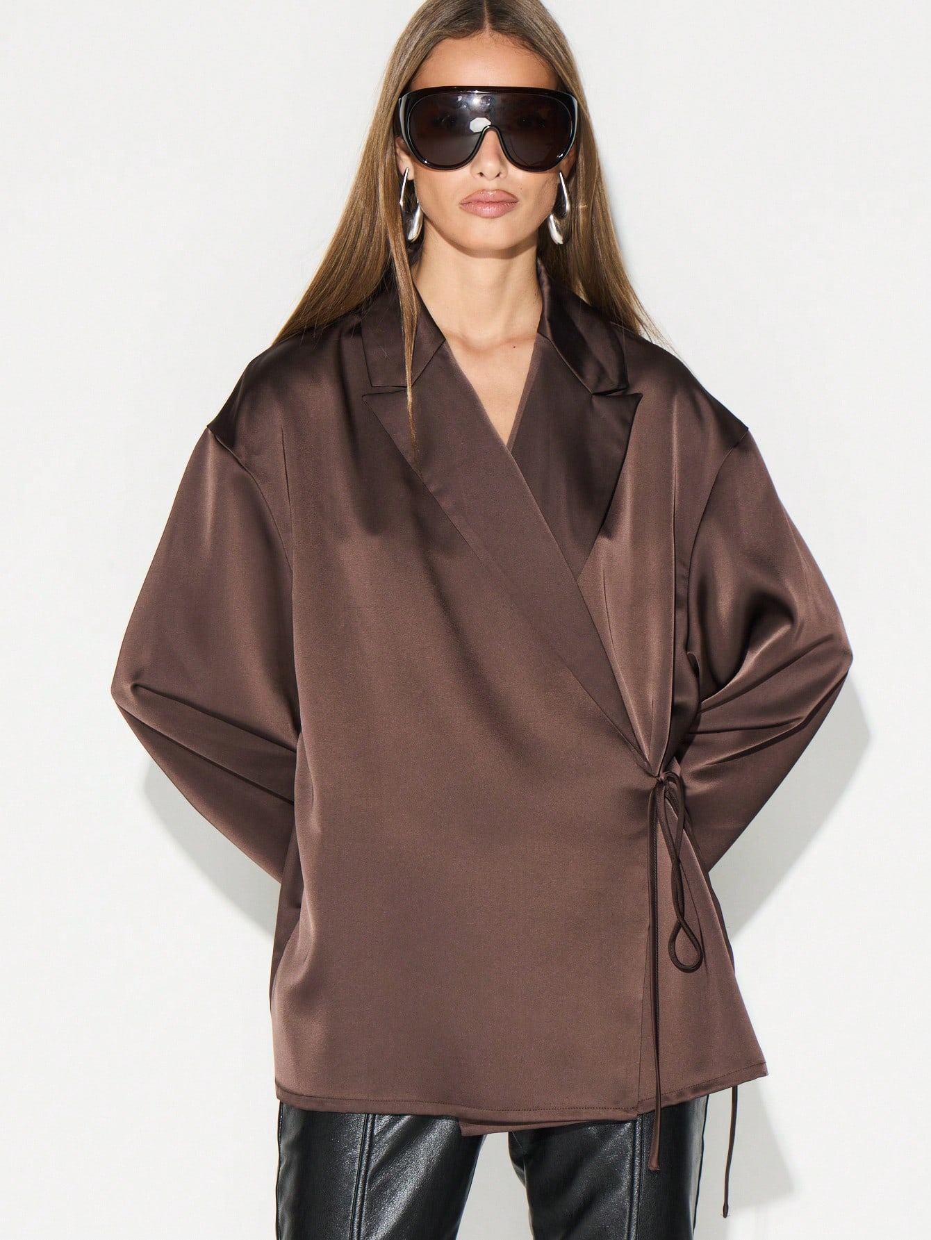 KIZN Brown Wrap Blouse With Tie Detail