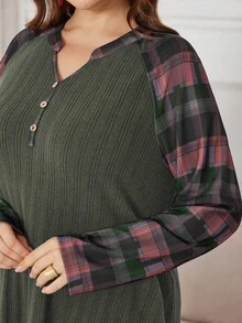 Lacomfia Plus Size Elegant Casual Plaid Patchwork Dress - Army Green - View 6