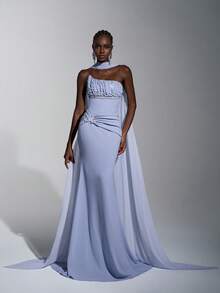 Elitara Elegant Greyish Blue Knitted Stretchy Rhinestone Embellished Sequin Trailing Formal Dinner Dress, Minimalist Wedding Event Birthday Party Gown - Dusty Blue - View 5