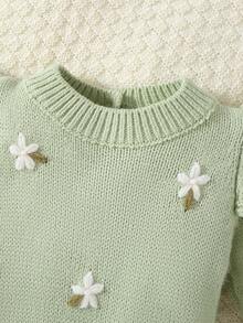 SHEIN Baby Girls Floral Embroidered Knit Romper, Long Sleeve Sweater Jumpsuit With Ruffled Cuffs, Comfortable For Autumn/Winter, Suitable For Everyday Wear, Outings, Travel, Newborns, And Daycare - Green - View 4