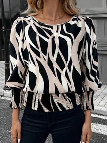 SHEIN LUNE 复古豹纹印花休闲通勤女式衬衫，圆领，泡泡袖，褶皱下摆 - 彩色 - 查看 6