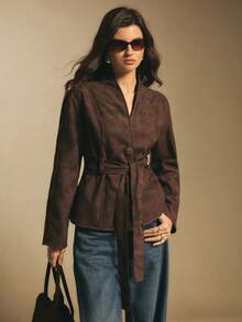 Poéselle Brown Belted Faux Suede Jacket For Women - Long Sleeve Wrap Coat, Soft Minimalist Lightweight Outerwear,Women's Fashion Waist Belt Long Sleeve Button Jacket Women Fall Clothes Brown Blazer Women Women S Fall Clothes Chocolate Brown Top - Chocolate Brown - View 1