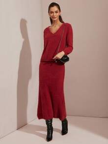 Enchnt Winterromantisches zweiteiliges Damen-Set: Rotes V-Ausschnitt-Top mit langen Ärmeln und Rock. Schick und elegant für Alltag und Freizeit, Halloween-Kostüm, Weihnachtskleidung, elegantes Winter-Set, rotes Set, Winteroutfit für Damen, Silvesterkleidung. - Bordeaux - Übersicht 2