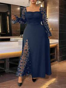 Cravure Đầm maxi dài tay chữ A dáng chữ A lãng mạn, cổ vuông, eo bo chun, họa tiết hoa 3D, thanh lịch, thích hợp mặc hàng ngày, hẹn hò, đi làm, cỡ lớn dành cho nữ - Màu xanh hải quân - Xem 1