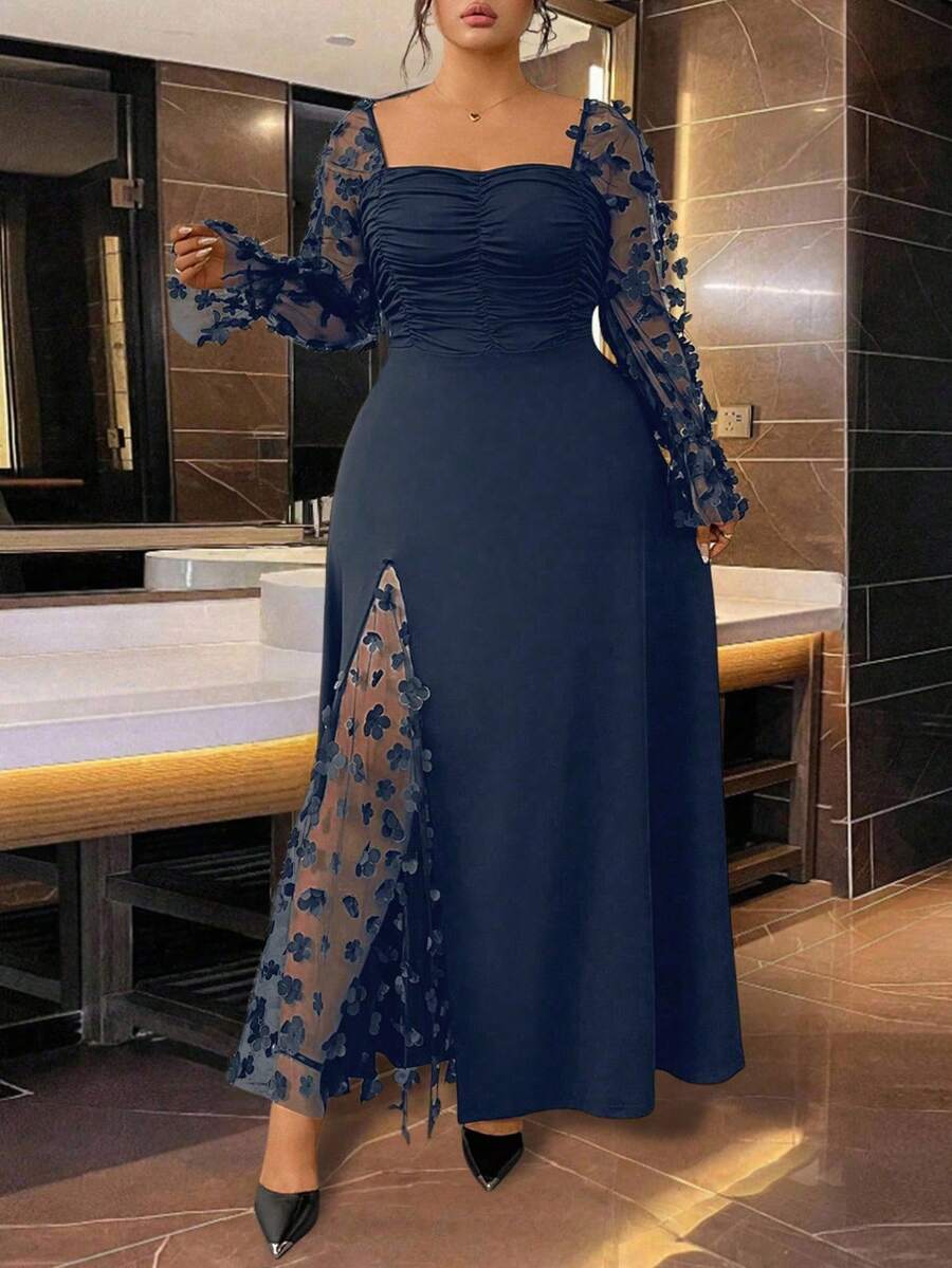 Cravure Đầm maxi dài tay chữ A dáng chữ A lãng mạn, cổ vuông, eo bo chun, họa tiết hoa 3D, thanh lịch, thích hợp mặc hàng ngày, hẹn hò, đi làm, cỡ lớn dành cho nữ - Màu xanh hải quân - Xem 1