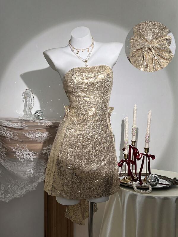 Elamini Women's Fashionable Glamorous Sequin Bow Decor Strapless Mini Dress
