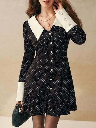 Cévolie 女式撞色波尔卡圆点印花长袖单排扣迷你连衣裙
