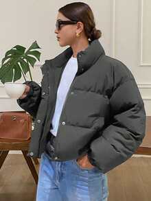 DAZY 前开式宽松女式夹棉大衣、长袖夹克 - 灰色 - 查看 1